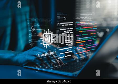 AI coding assistant for software development concept. Machine Learning Code, Programmer use laptop with code and AI chip artificial intelligence Stock Photo