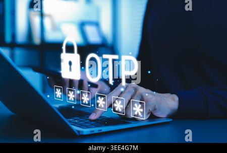 OTP security password authentication and login verification concept, user entering one time passcode on laptop with virtual lock icon, secure access, Stock Photo