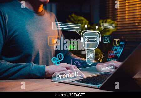Generative AI chatbot and multimodal content creation concept, user using laptop with virtual bot, prompt bar, generate button, video, image, text, Stock Photo