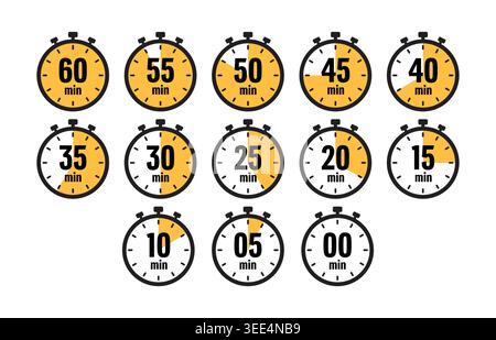 Set of Yellow Stopwatch Timer Icons in Minutes Vector Stock Vector