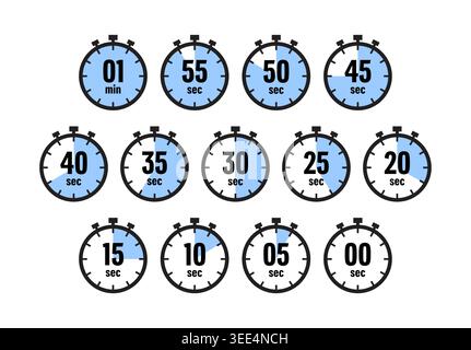 Set of Blue Stopwatch Timer Icons in Seconds Vector Stock Vector