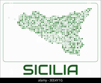 Sicilia digital style map. Small rounded square dots on white background. Dotted shape of the island. Sicilia map and title. Stock Vector