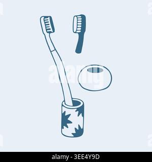 Hand drawn vector of toothbrushes, a stand and a patterned cup. Blue line art composition for dental hygiene, family oral care and bathroom Stock Vector