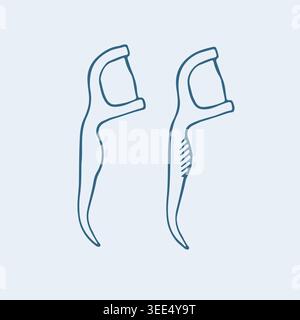 Hand drawn vector illustration of two dental floss picks. Blue line art for professional oral hygiene, teeth cleaning and daily dental health care Stock Vector