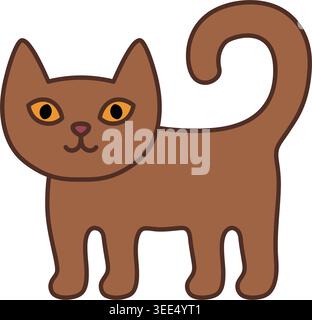 Cute brown cat in flat cartoon style isolated on transparent background. Adorable chocolate colored kitten character vector illustration for stickers, Stock Vector