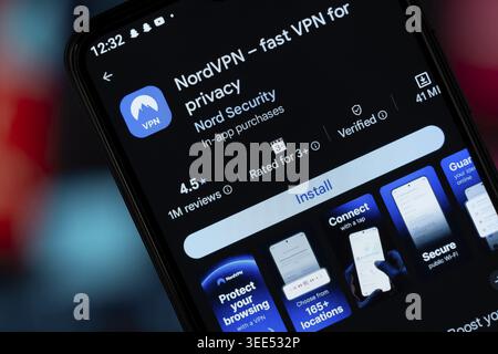 Dhaka, Bangladesh - 29 April, 2026: NordVPN app page on Google Play Store on a smartphone screen Stock Photo