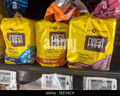 Los Angeles, California, United States - 01-01-2025: A view of several packages of Pacha gluten-free bread, at the store. Stock Photo