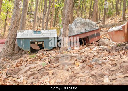 Old broken boats lie abandoned among dry leaves and trees, blending with the quiet and untouched forest landscape. Stock Photo