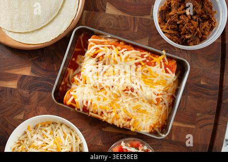 A top down view of dairy-free enchiladas. Stock Photo
