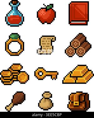 Pixel Art RPG Items Video Game Asset Icon Set Stock Vector
