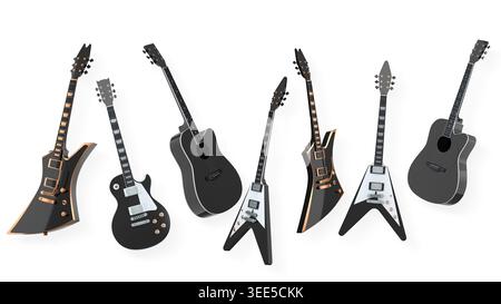 Set of electric and acoustic guitars with unique body shapes isolated on white background, concept of music variety. Stock Photo