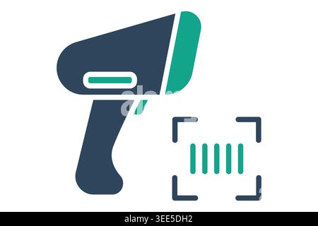 Barcode scanner solid icon. Handheld barcode scanner icon aiming at a digital code, representing inventory tracking, warehouse scanning, and retail po Stock Vector
