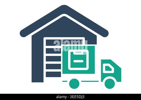 Distribution center solid icon. Warehouse building icon with a delivery truck, representing a distribution center, storage facility, and supply chain Stock Vector