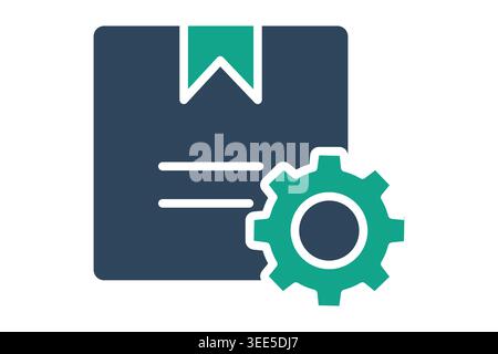 Inventory management solid icon. Parcel box icon with a gear symbol, representing inventory management, logistics optimization, and automated supply c Stock Vector