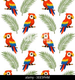 Seamless pattern with cute cartoon parrots and tropical palm leaves vector Stock Vector
