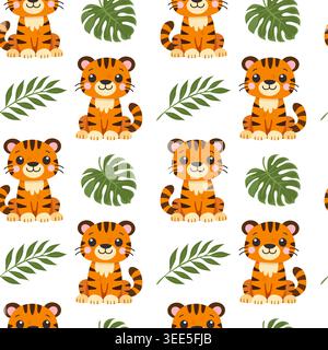 Cute cartoon tiger and tropical leaves seamless pattern for kids vector Stock Vector