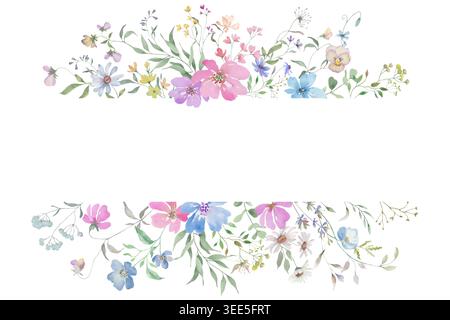 Watercolor Wildflower Horizontal Frame. Meadow Flowers and Green Leaves ...