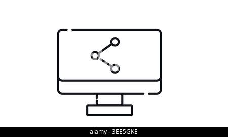 Desktop computer with share icon on screen: PC workstation representing digital sharing, social media, and file transfer, minimalist black line art ve Stock Vector