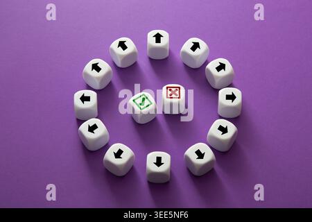 White dice forming a circle, presenting a choice between right and wrong Stock Photo