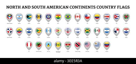 North and South America country flags pin vector collection Stock Vector