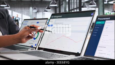 Enterprise Risk Managers Collaborate On Strategic Data Analysis Using Laptop. Stock Photo