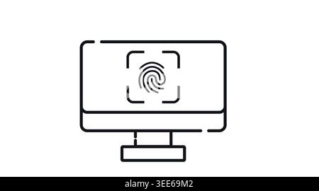 Biometric computer security icon: desktop PC with fingerprint scanner on screen, minimalist black line art vector illustration for identity verificati Stock Vector