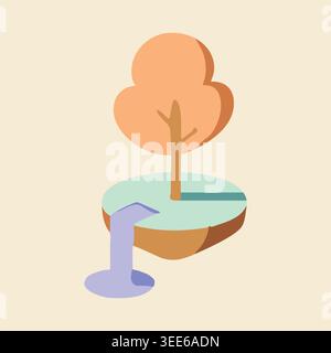 Simple illustration of a floating island with an orange tree and a small stream flowing over the edge. Stock Vector