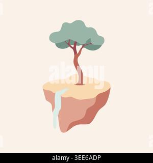 Simple illustration of a floating land piece with a single tree and a small waterfall dropping from the edge. Stock Vector