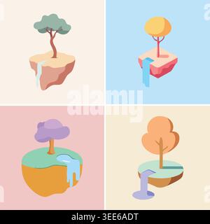 A soft colored illustration set featuring four floating islands with stylized trees and small waterfalls. Stock Vector