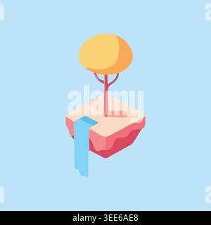 Simple illustration of a small floating platform with a round yellow tree and a blue waterfall flowing from the side. Stock Vector