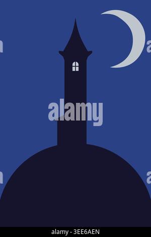 Simple night illustration of a tall dark tower on a hill with a crescent moon in the blue sky. Stock Vector