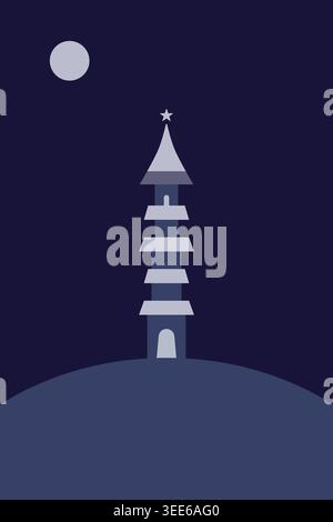 Simple night illustration of a striped lighthouse like tower standing on a hill beneath a small moon. Stock Vector