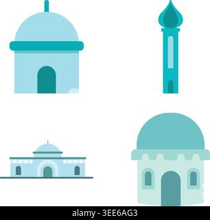A minimalist illustration set featuring mosque inspired architecture, including domed buildings, a tall minaret, and religious structures Stock Vector
