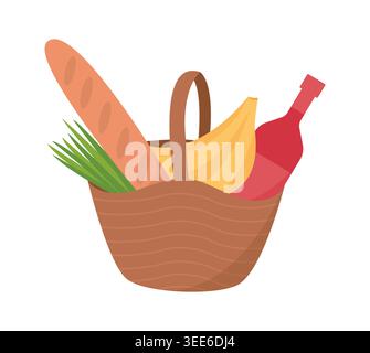 Food basket with bananas, baguette, wine Stock Vector