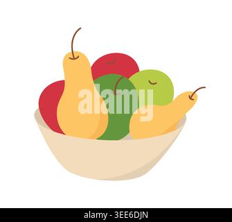 Bowl of fruit, pears and apples flat Stock Vector