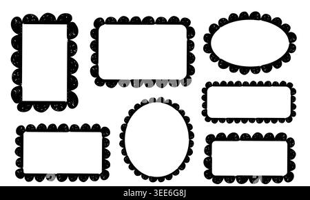 Scribble crayon doodle scalloped frames set. Chalk grunge girly blobs for text. Fluffy, wiggle label, stamp. Wavy whimsical edges curly doodle border. Vector illustration Stock Vector