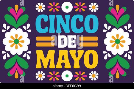 Cinco de mayo celebration illustration featuring white text on dark background surrounded by vibrant floral patterns and leaves for festive graphic de Stock Vector