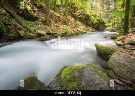 View of Vajskovska dolina with a silky mountain stream flowing over mossy rocks through a lush green forest with sunlight in Dolna Lehota, Banskobystr Stock Photo