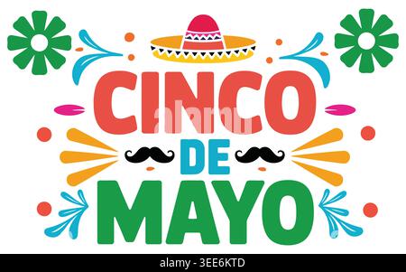 Vibrant cinco de mayo design featuring a sombrero, mustaches, and colorful elements, perfect for celebrating mexican heritage and culture. Stock Vector
