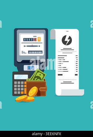 Illustration showing electricity meter, billing receipt, calculator, and wallet with cash, symbolizing energy costs, usage, and payment management. Stock Vector