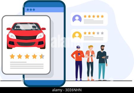 A digital interface showing vehicle reviews, star ratings, and user testimonials on a smartphone stock illustration. Stock Vector