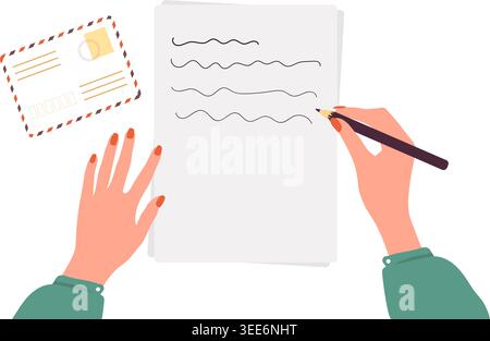 Flat vector illustration of hands writing on paper next to a vintage airmail envelope, perfect for mail concepts. Stock Vector
