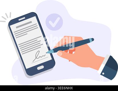 Flat design illustration of a hand signing a document digitally on a smartphone screen, representing e-signature, online agreement. Stock Vector