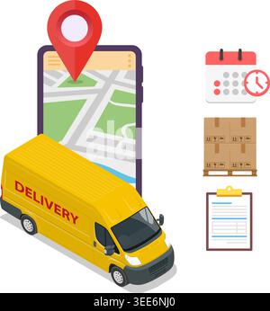 Isometric yellow delivery truck with mobile tracking app, calendar, cardboard boxes, and order form stock illustration. Stock Vector