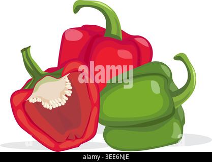 Vibrant red and green bell peppers isolated on light background, one sliced open showing seeds in detailed vector style. Stock Vector