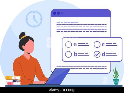 Student studying and answering multiple choice questions on computer. Flat vector illustration of e-learning process. Stock Vector