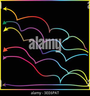 Rainbow Colored Curved Arrows on Black Background, Hand-Drawn Vector Arrows, Abstract Direction Icons Set Stock Vector