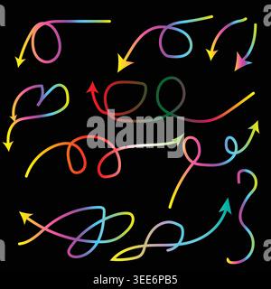 Rainbow Colored Curved Arrows on Black Background, Hand-Drawn Vector Arrows Set, Abstract Direction Icons Stock Vector