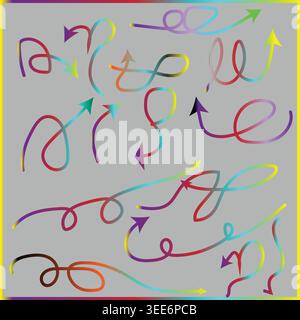 Colorful Curved and Swirling Arrows on Light Background, Hand-Drawn Vector Arrows Set, Abstract Direction Symbols Stock Vector