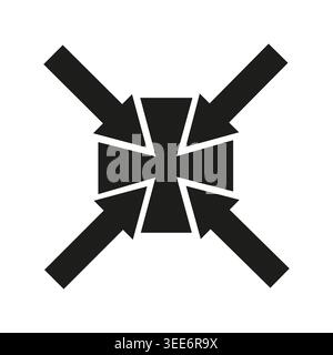Black inward arrows converging on central cross vector. Perfect for military emblems gaming graphics and strategic branding. EPS 10. Stock Vector